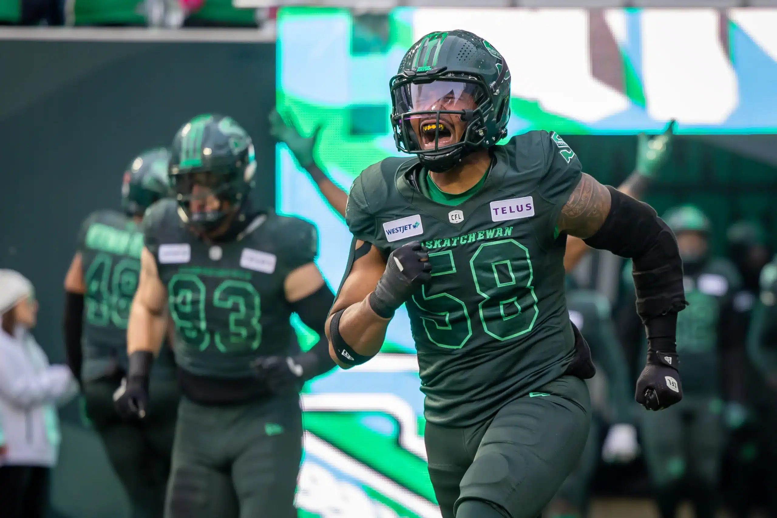 Justin Herdman-Reed #58 of the Saskatchewan Roughriders comes on to the field for the CFL Western Semi-Final game between the BC Lions and Saskatchewan Roughriders at Mosaic Stadium on November 2, 2024 in Regina, Canada.