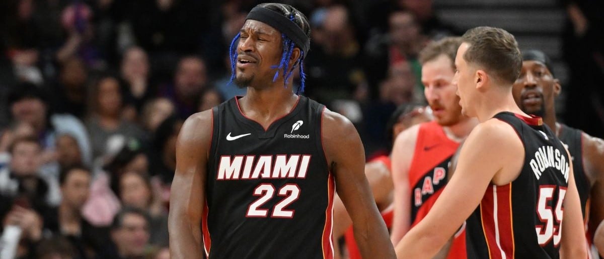 Miami Heat forward Jimmy Butler (22) reacts to an officiating call in the first half against the Toronto Raptors at Scotiabank Arena.