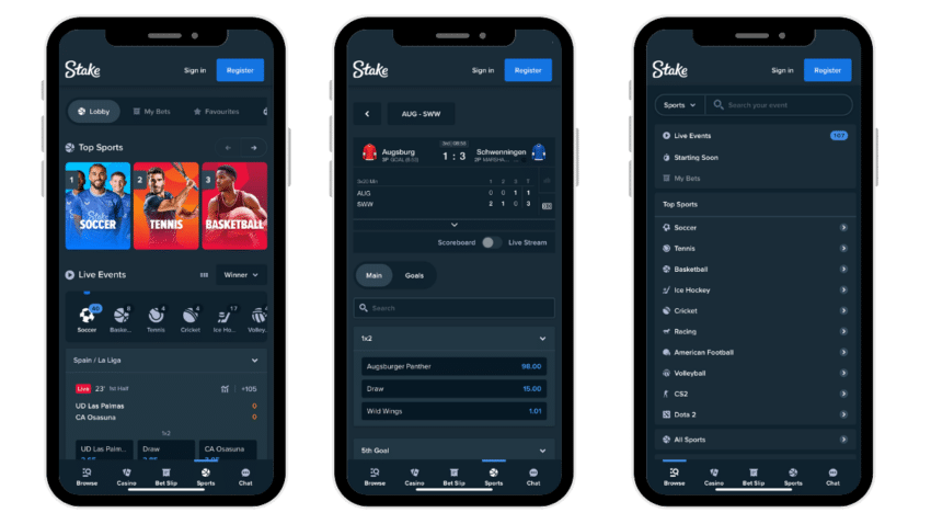 Three iphone mockups of the Stake betting app.