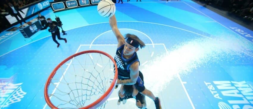 Mac McClung #0 of the Osceola Magic dunks the ball during the AT&T Slam Dunk Contest as a part of State Farm All-Star Saturday Night on Saturday, February 17, 2024 at Lucas Oil Stadium in Indianapolis, Indiana