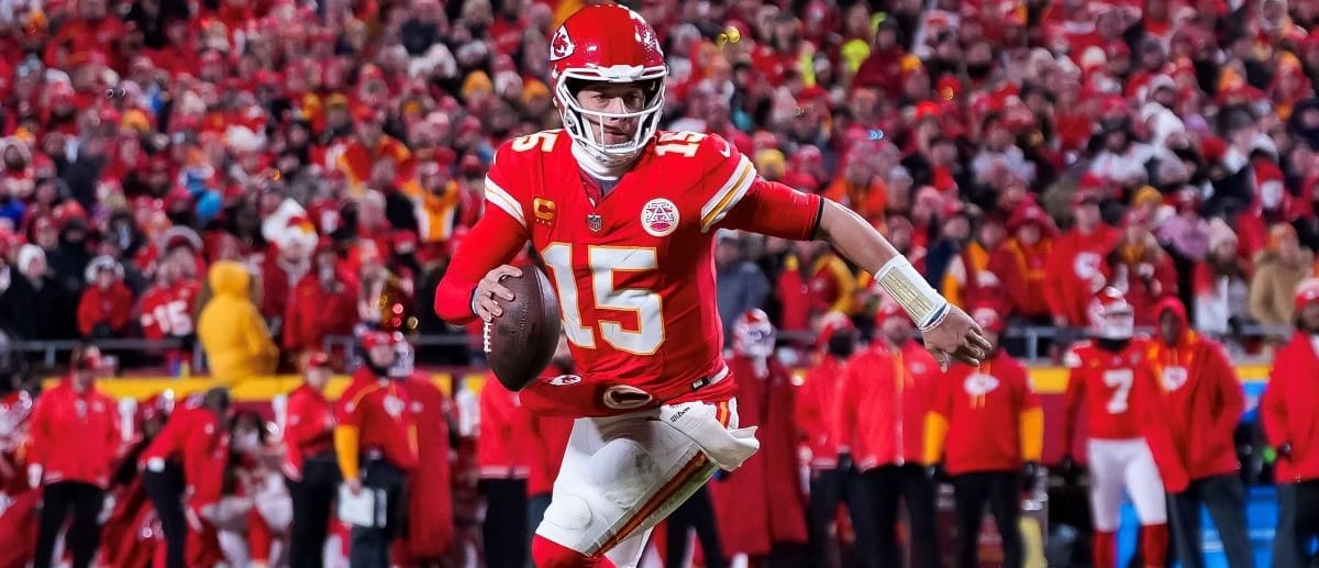 Quarterback Patrick Mahomes #15 of the Kansas City Chiefs drops back to pass during the first half of the AFC Championship game against the Buffalo Bills, at GEHA Field at Arrowhead Stadium on January 26, 2025 in Kansas City, Missouri