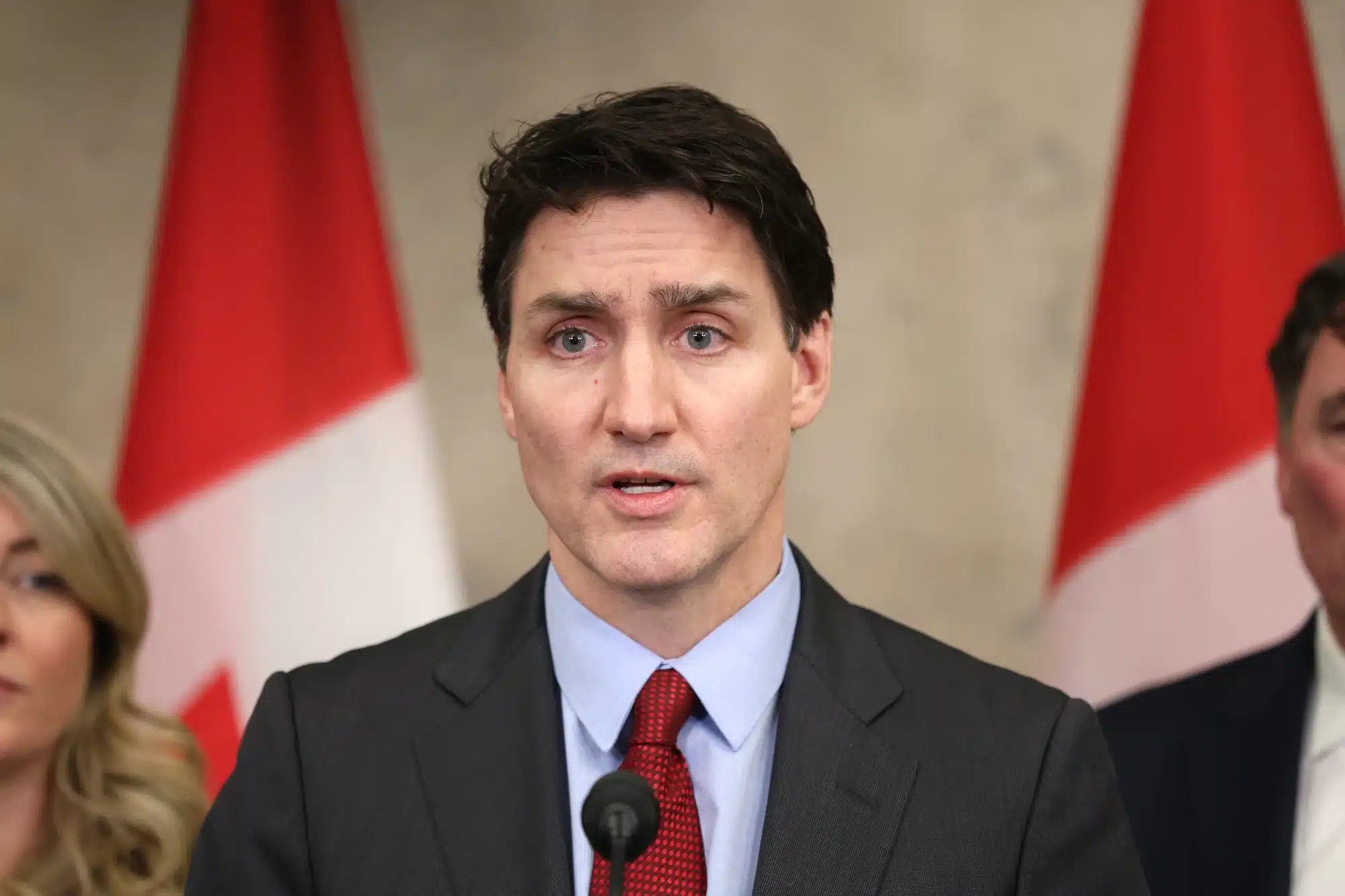 Justin Trudeau speaks during a news conference February 1, 2025 on Parliament Hill in Ottawa.