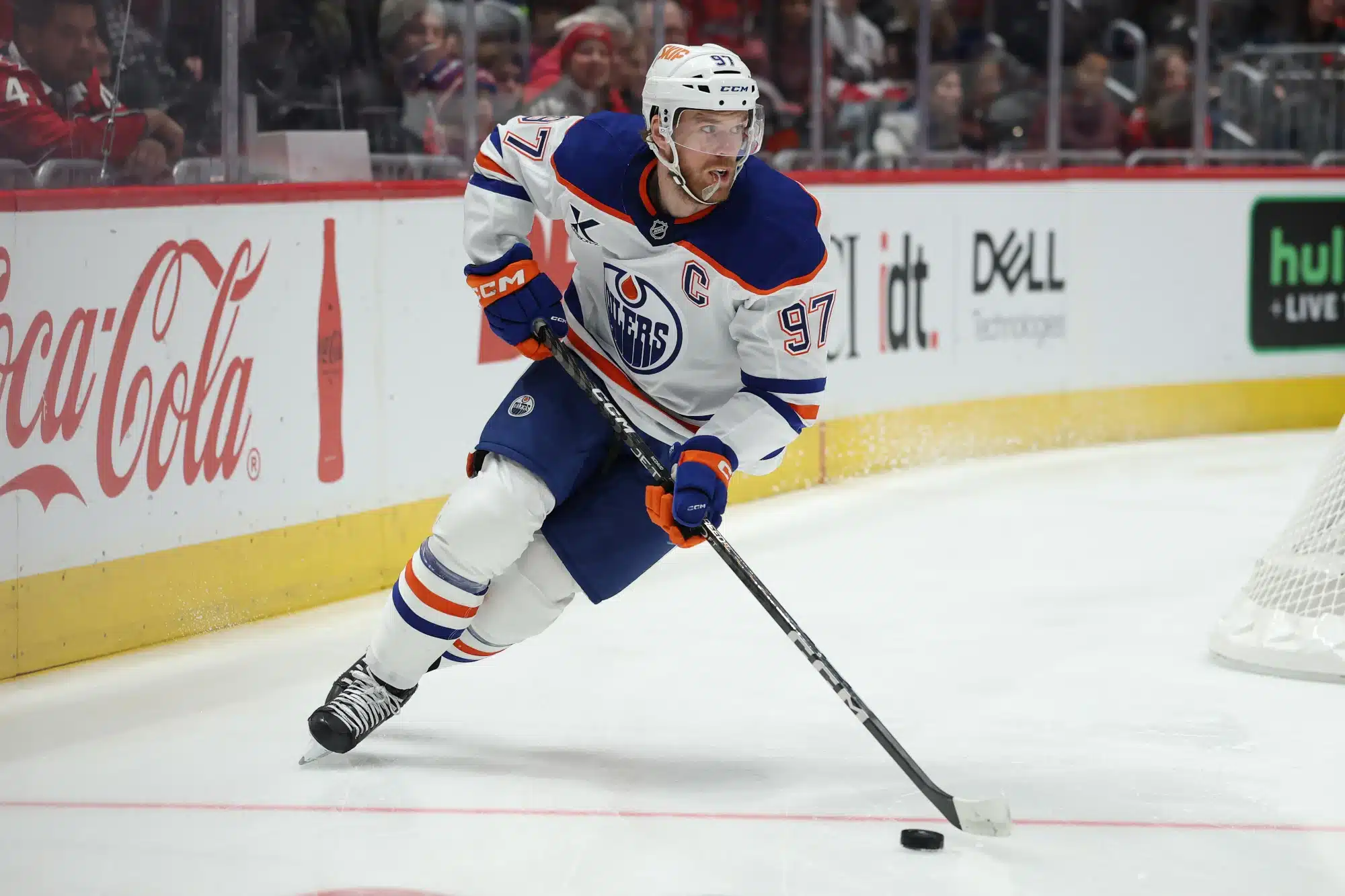 Connor McDavid #97 of the Edmonton Oilers skates with the puck against the Washington Capitals at Capital One Arena on February 23, 2025 in Washington, DC. 