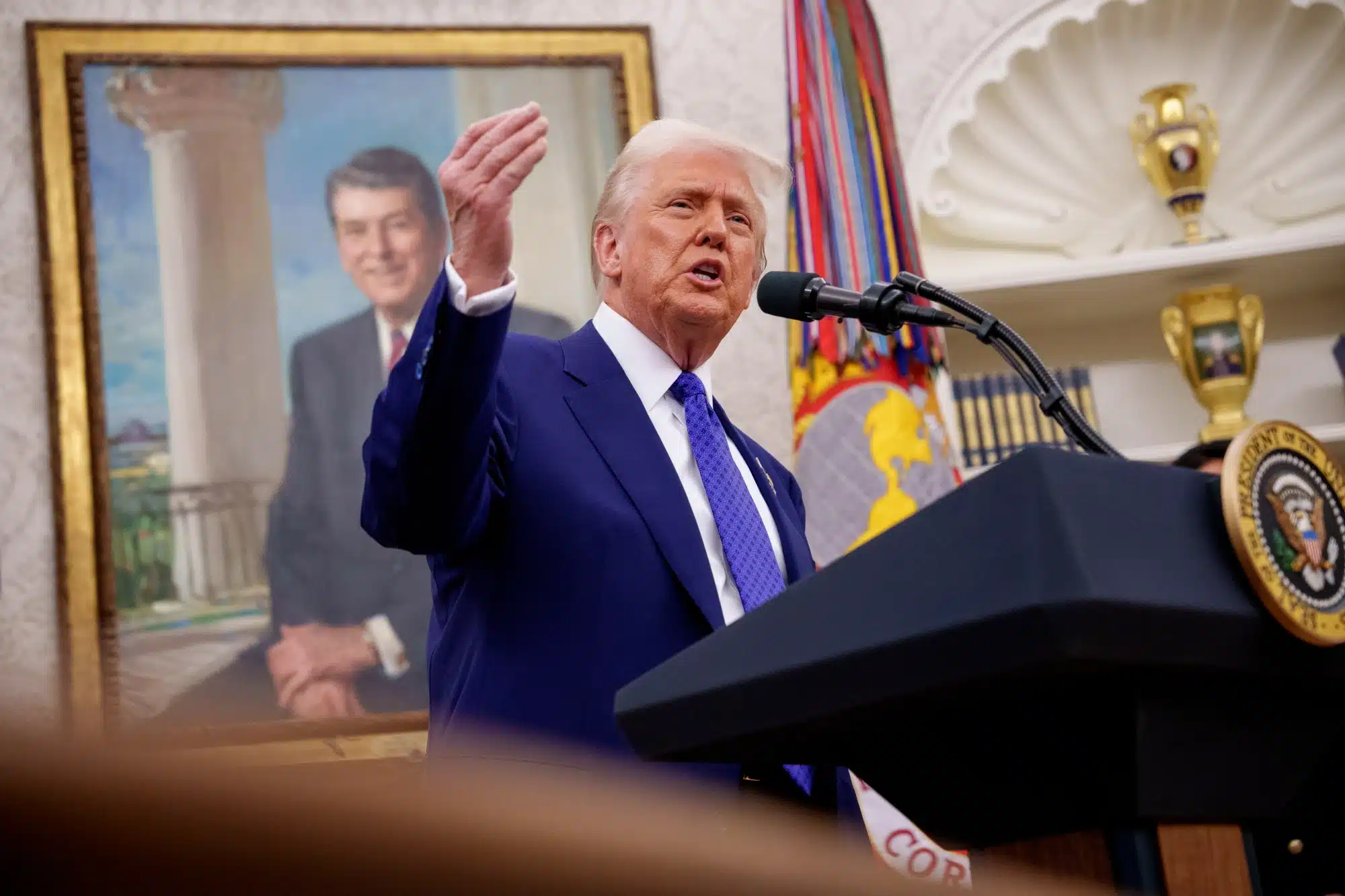 U.S. President Donald Trump speaks in the Oval Office at the White House on February 12, 2025 in Washington, DC. 