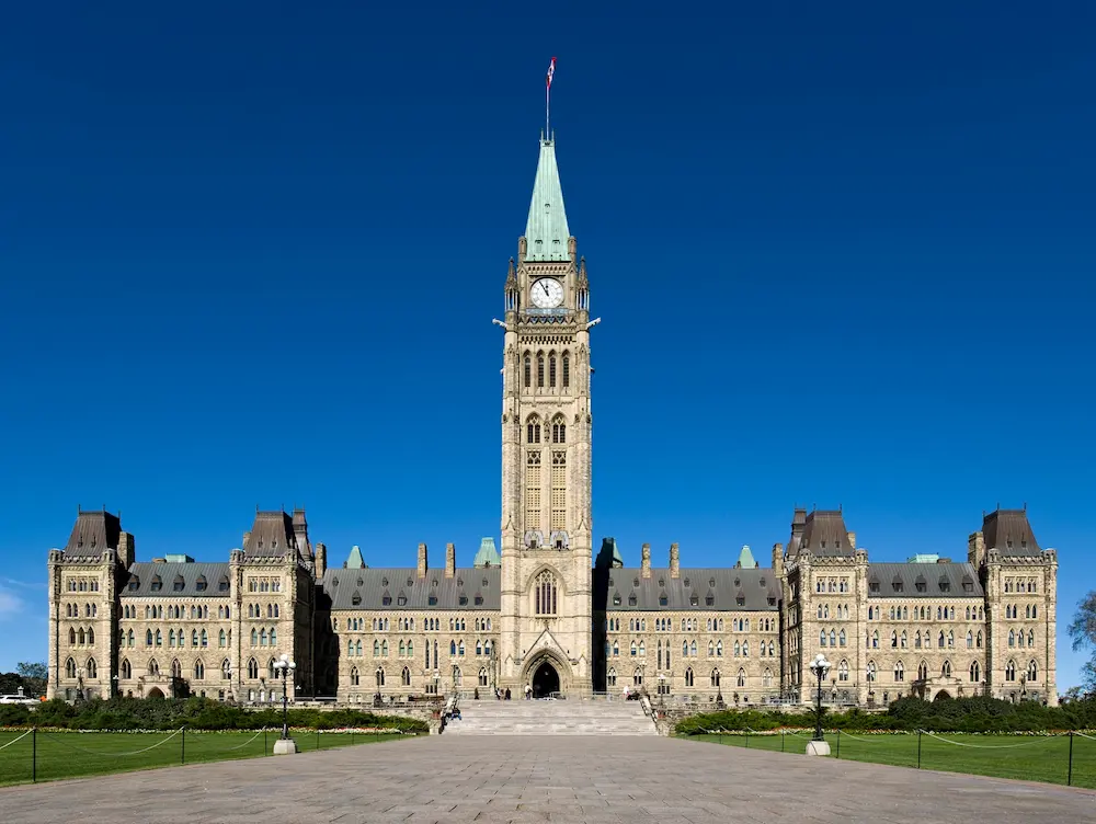 A view of the Centre Block of the Canadian government buildings on Parliament Hill in Ottawa, Ontario.