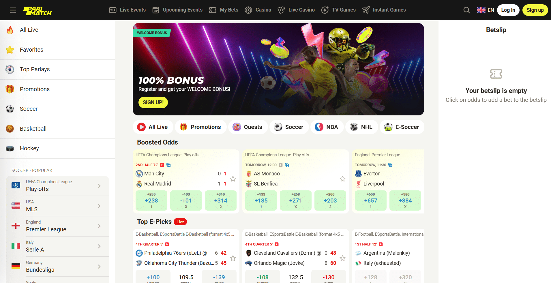 Screenshot of parimatch's homepage, where users can bet with bitcoin.