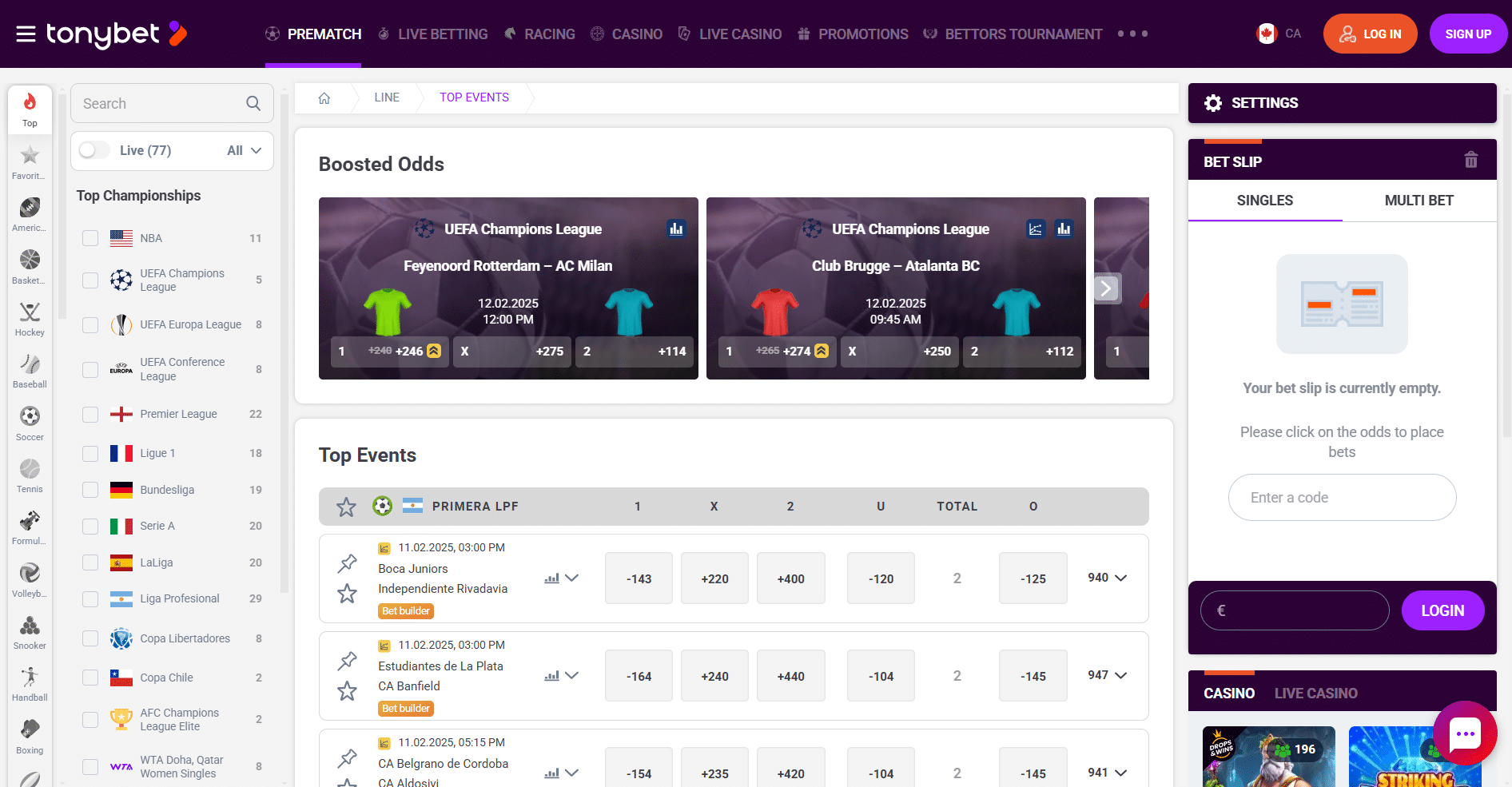 Screenshot of tonybet's homepage, where users can bet with bitcoin.