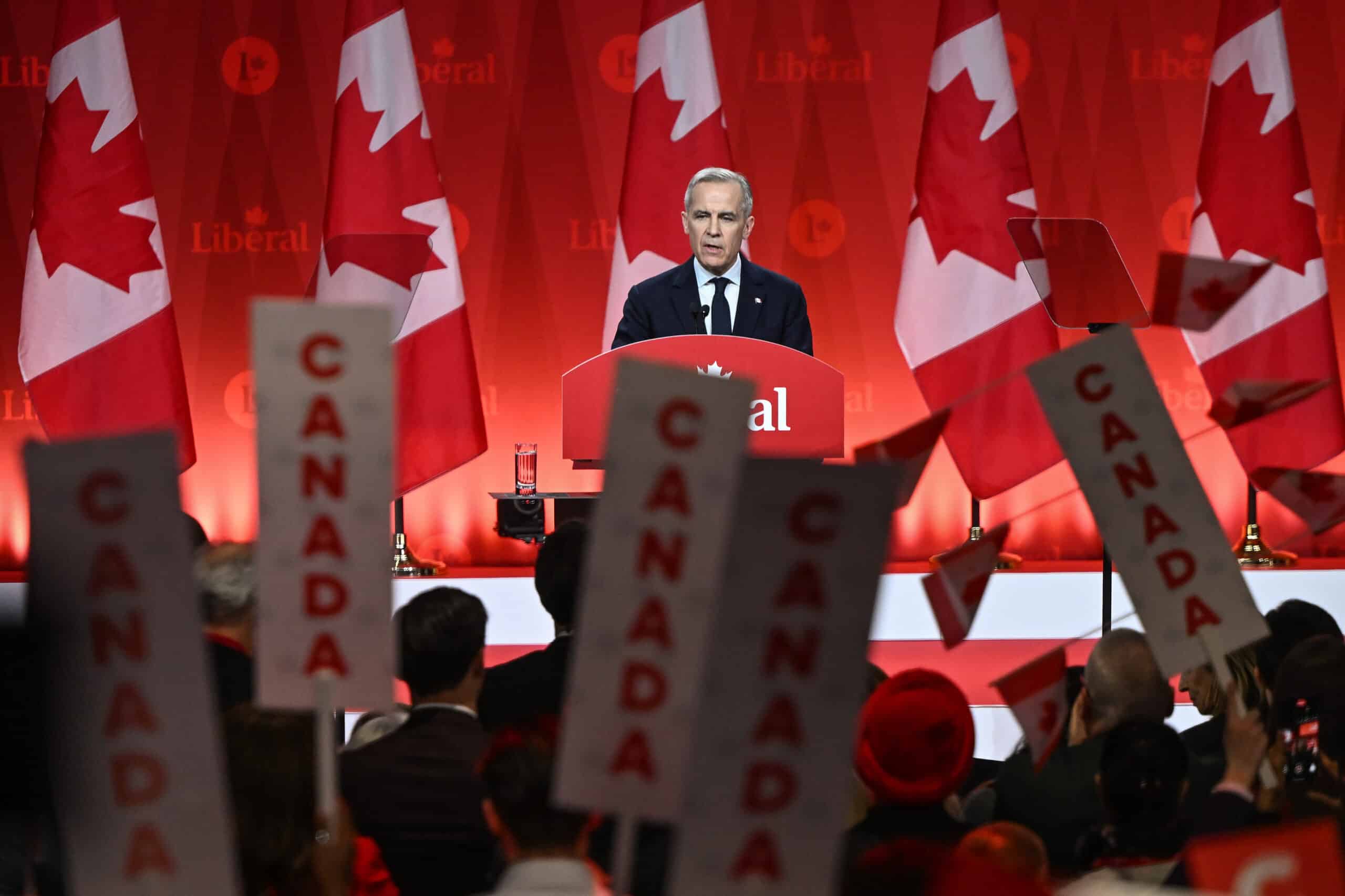 Mark Carney, the newly elected leader of the Liberal Party of Canada, addresses supporters in a victory speech after the official announcement of the 2025 Liberal Leadership race results at Rogers Centre, in Ottawa, Ontario, Canada, on March 9, 2025. (Photo by Artur Widak/NurPhoto via Getty Images)